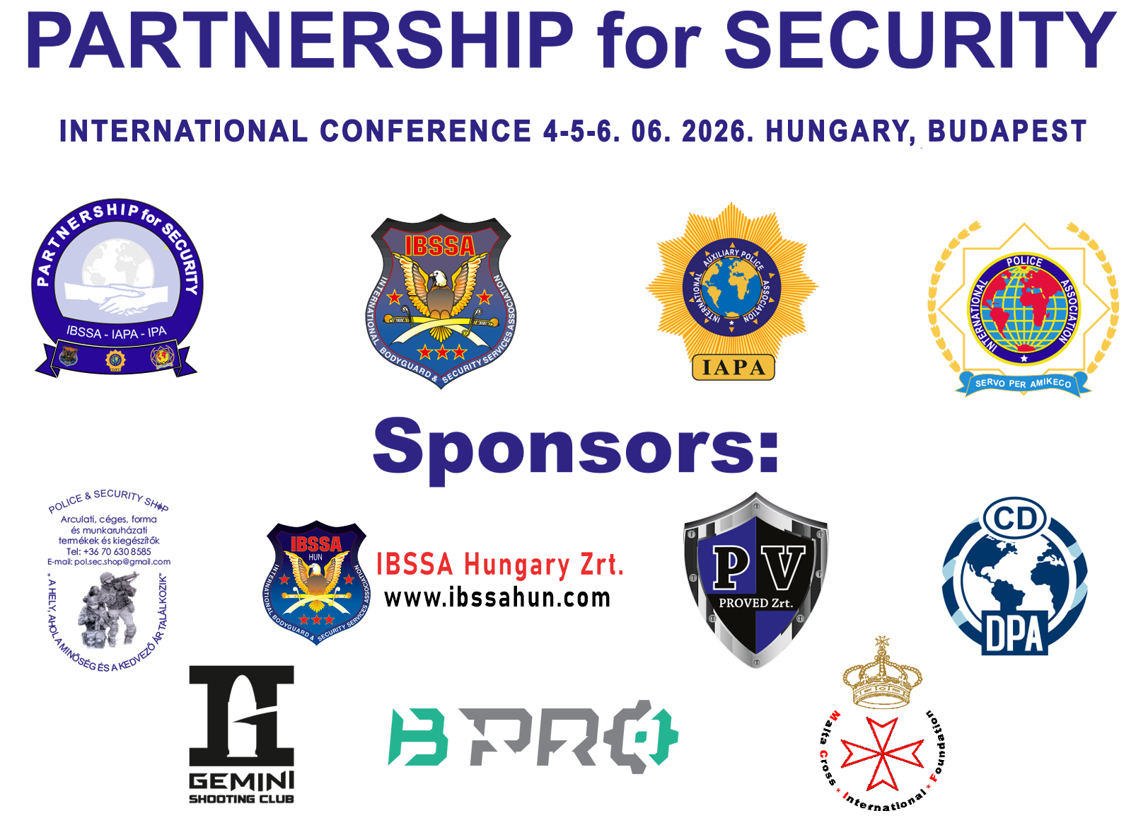Partnership for Security 2026 — szervezők, társszervezők és szponzorok logói: IBSSA, IAPA, IPA, IBSSA Hungary Zrt., PV Proved Zrt., CD DPA, Police & Security Shop, Gemini Shooting Club, B-Pro, Malta Cross International Foundation
